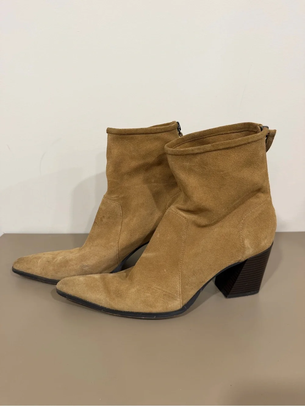 Zara Genuine Suede Pointed-Toe Ankle Boots - Tan